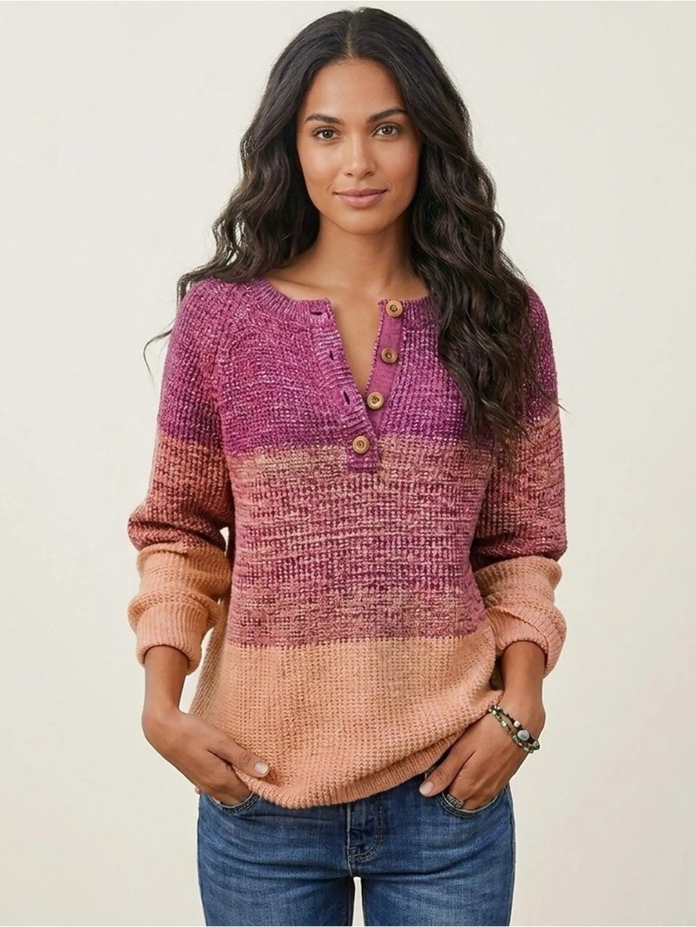 Sundance Avedon pink colorblock stripe henley knit sweater M